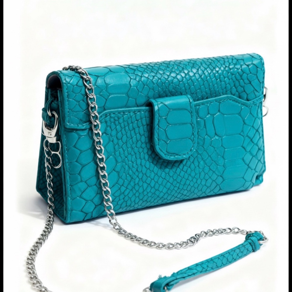 Teal Snakeskin Embossed Crossbody Wallet Clutch Silver Chain Strap